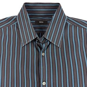 BOSS Hugo Boss Shirt Mens 16 40 Black Blue Stripe Regular Fit Dress Cotton